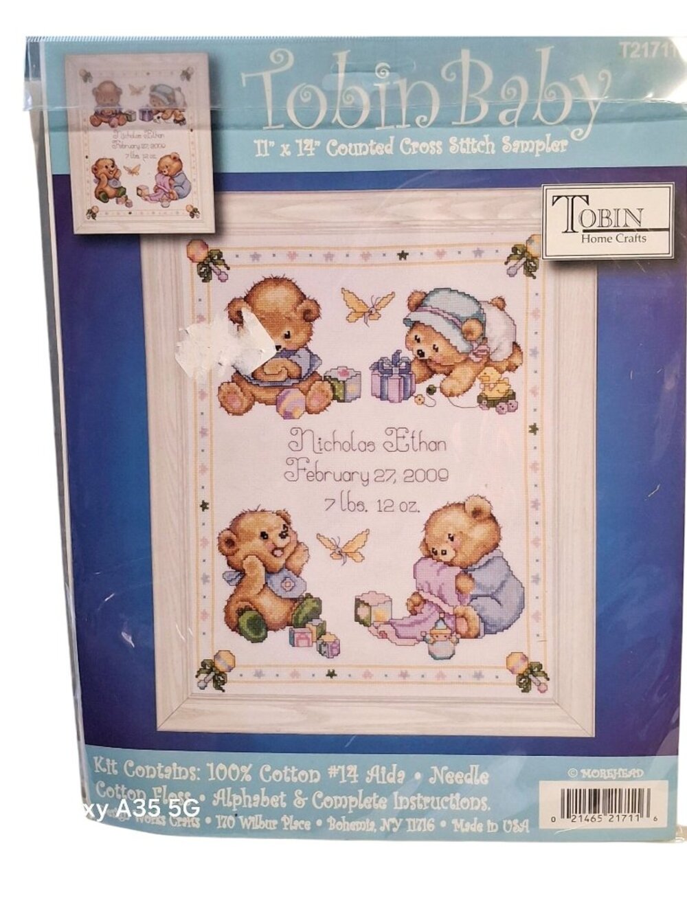Tobin Baby 11x14 Counted Cross Stitch Kit "Baby Bear" Sampler By Morehead - 100%
